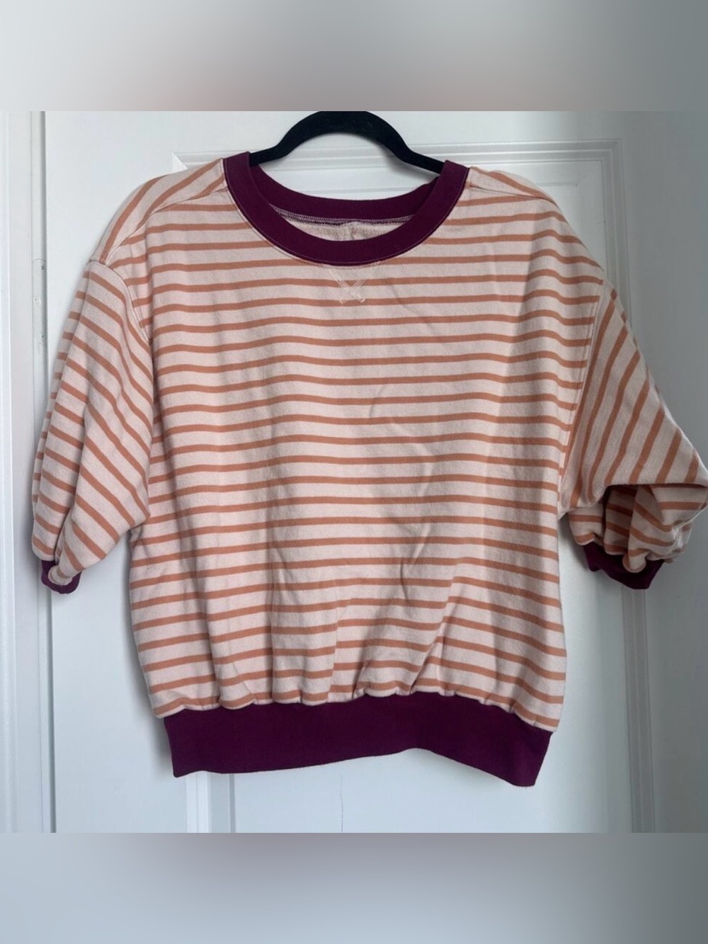 Anthropologie Pilcro Niki Bubble Sweatshirt Womens Small Peach Stripe Pink Trim